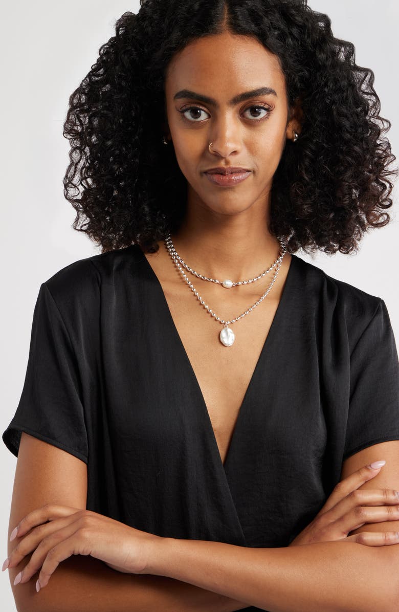 Open Edit Set of 2 Cultured Pearl Ball Chain Necklaces, Alternate, color, White- Silver