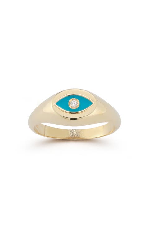 14K Gold & Enamel Diamond Evil Eye Signet Ring