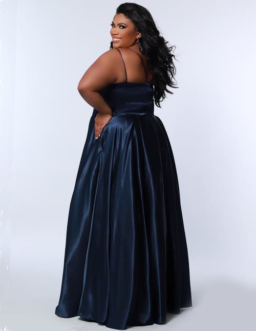 Sydney's Closet Satin A-line V-neck Plus Size Evening Gown In Navy
