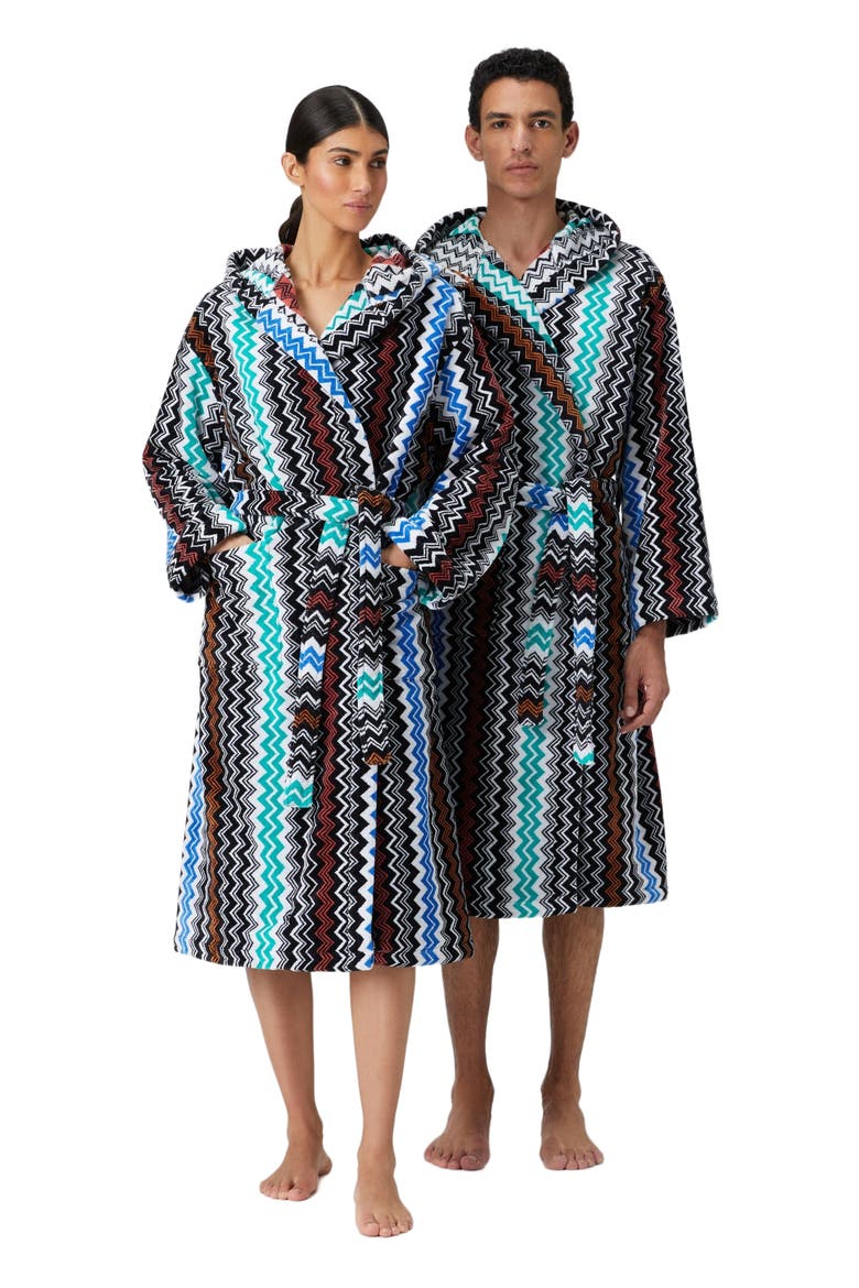 Neoclassic Bathrobe In Cotton Terry With Zigzag Pattern, Main, color, Black