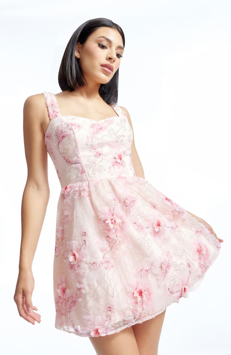 Dress the Population Melanie Embellished Floral Appliqué Cocktail Minidress, Alternate, color, Soft Pink Multi