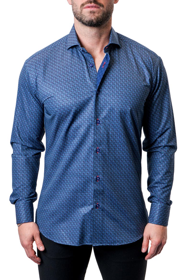 Einstein Maze Gingham Blue Contemporary Fit Button-Up Shirt, Main, color, BLUE