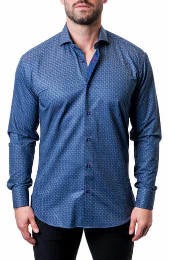 Maceoo Einstein Maze Gingham Blue Contemporary Fit Button-Up Shirt