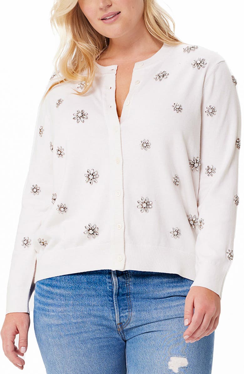 MINNIE ROSE Embellished Flower Cotton & Cashmere Cardigan, Main, color, 