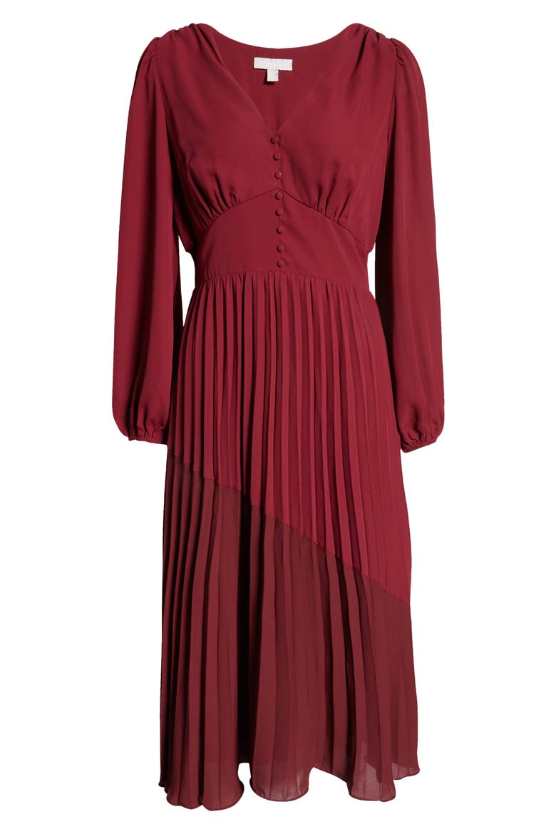 Button Pleated Long Sleeve Maxi Dress, Main, color, WINE COMBO