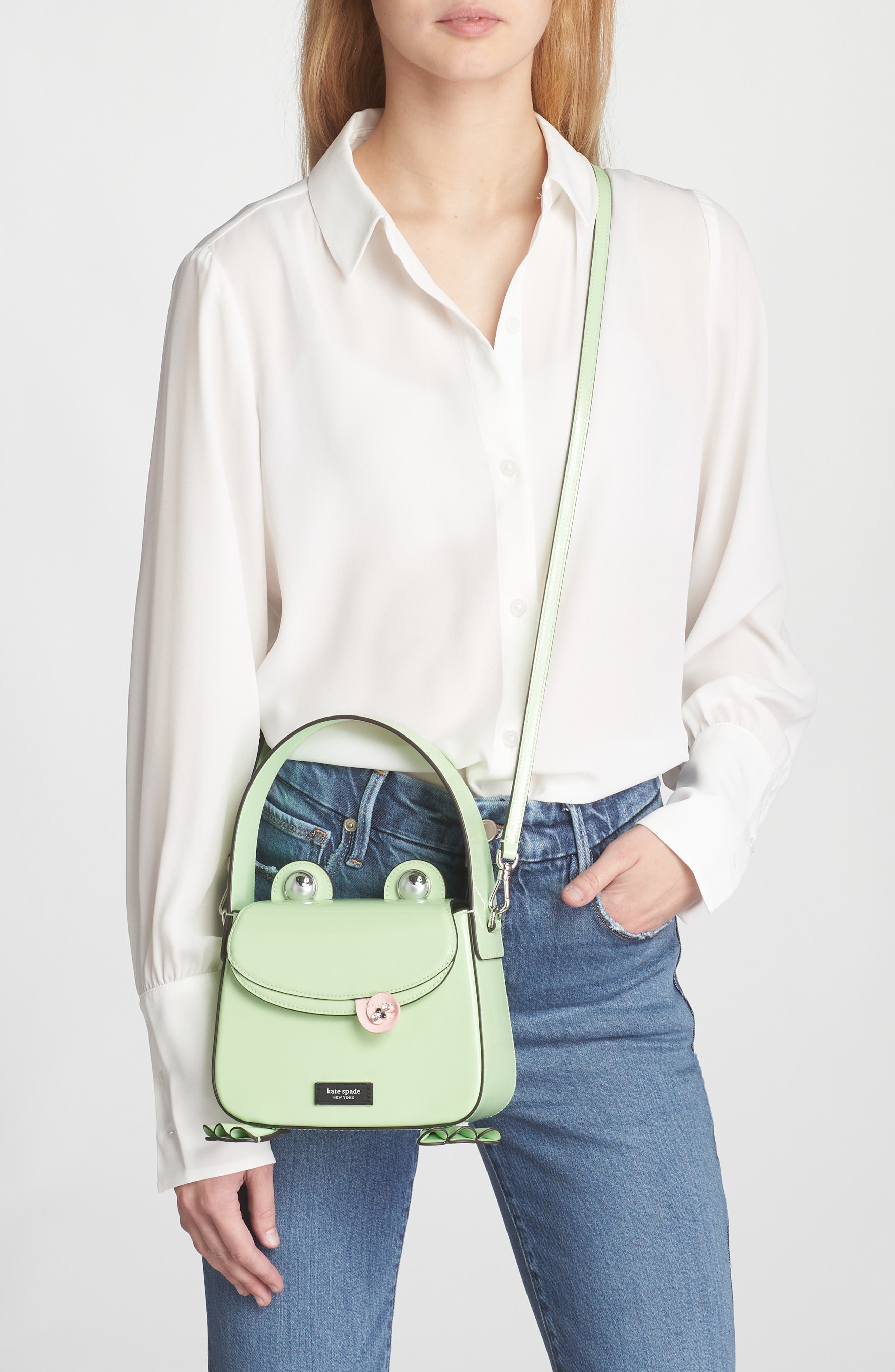 Kate Spade New York lily patent leather frog handbag, Alternate, color, 