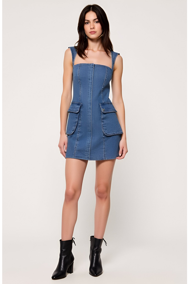 Square Neck Denim Mini Dress with Flap Patch Pockets, Alternate, color, Denim Blue