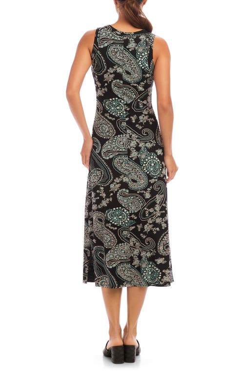 Karen Kane Sleeveless Midi Dress In Aqua Color Paisley Print On Black In Paisley