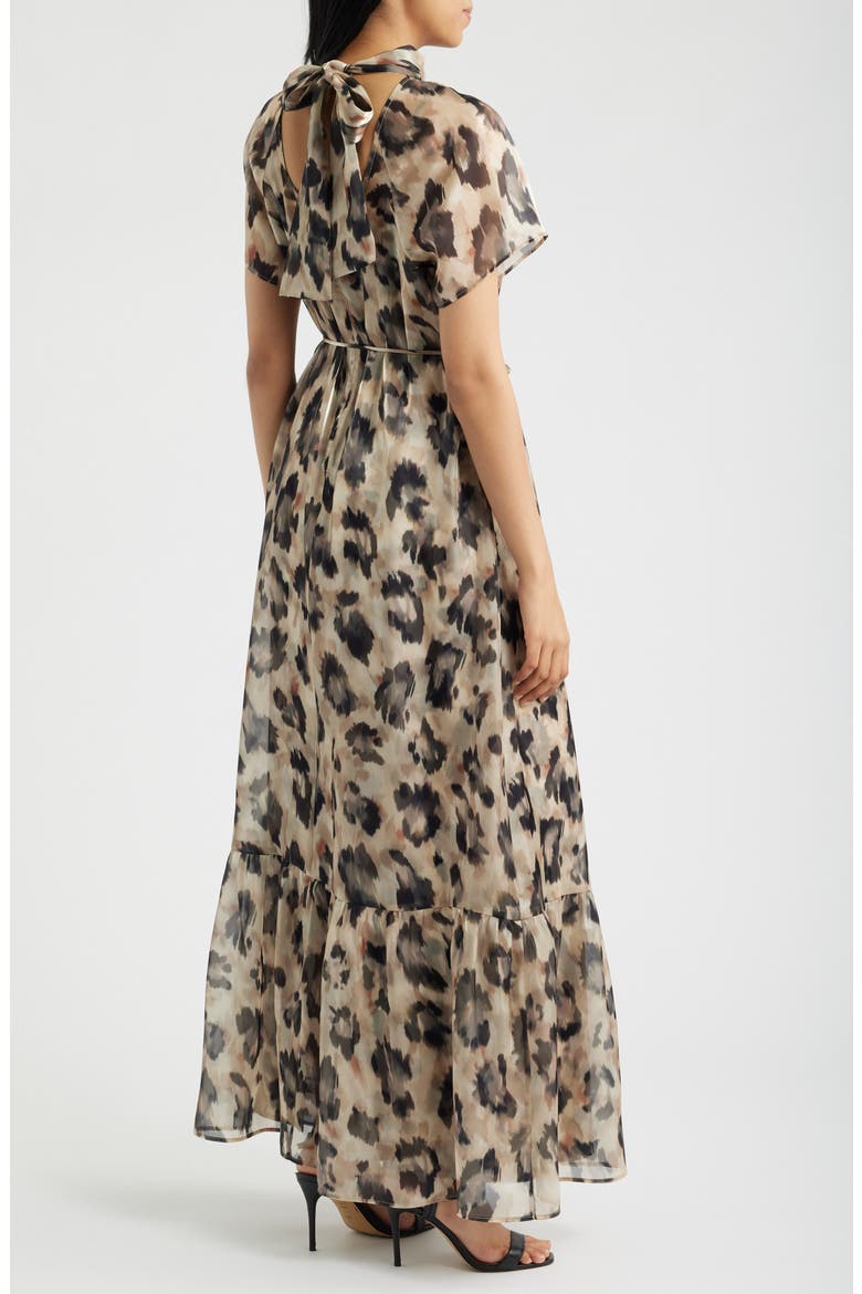 Print Tie Waist Organza Gown, Alternate, color, BLACK MULTI