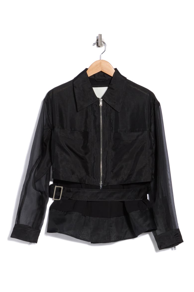 Double Layered Belted Silk Organza Jacket, Alternate, color, BLACK