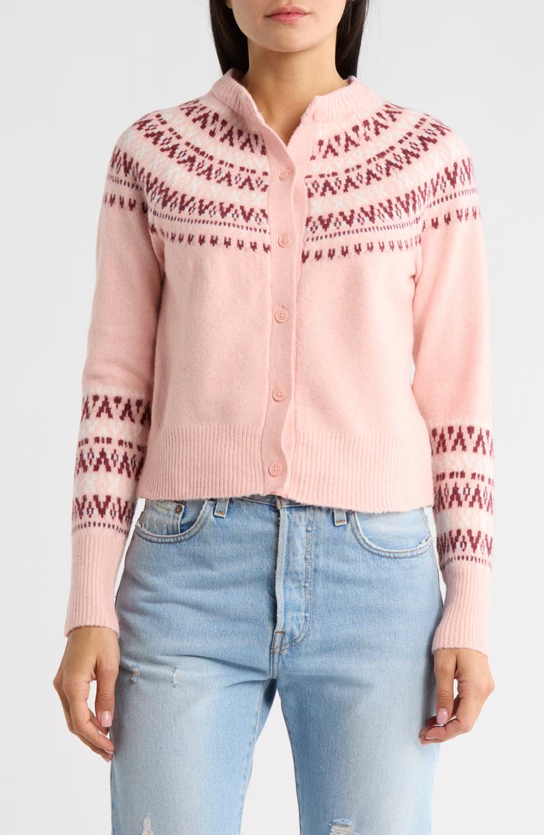 Madden Girl Fair Isle Jacquard Crewneck Crop Cardigan, Main, color, Silver Pink Combo