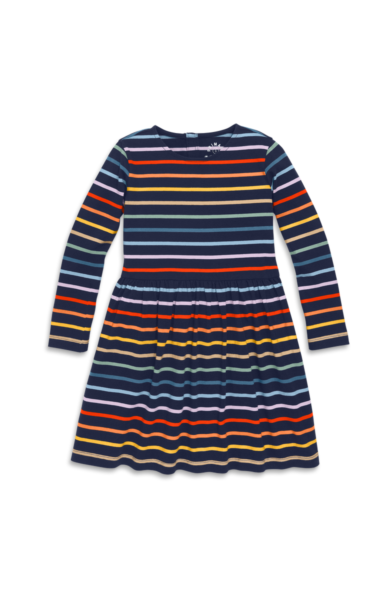 Primary Kids Long Sleeve Perfect Pocket Dress In Rainbow Stripe, Main, color, Navy/Rainbow Stripe