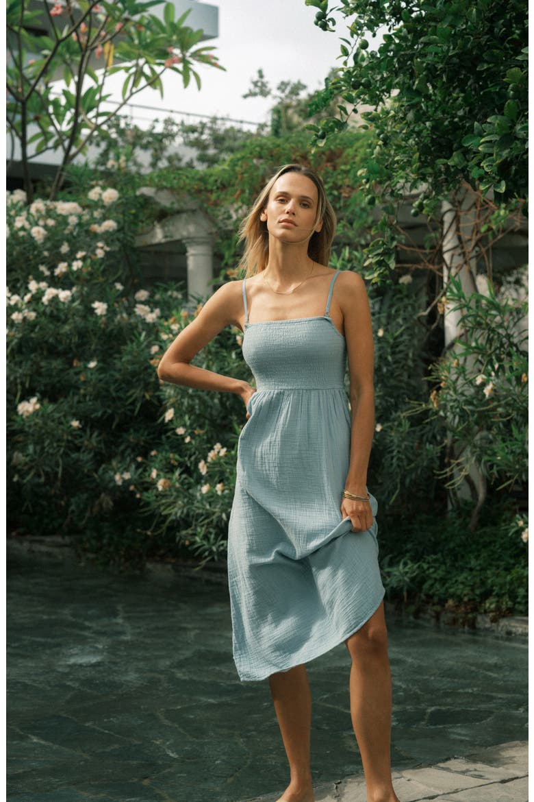 Off the Coast Smocked Bodice Cotton Midi Dress, Alternate, color, BLUE FOG
