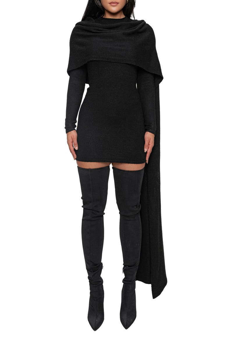 Long Sleeve Scarf Body-Con Minidress, Main, color, BLACK