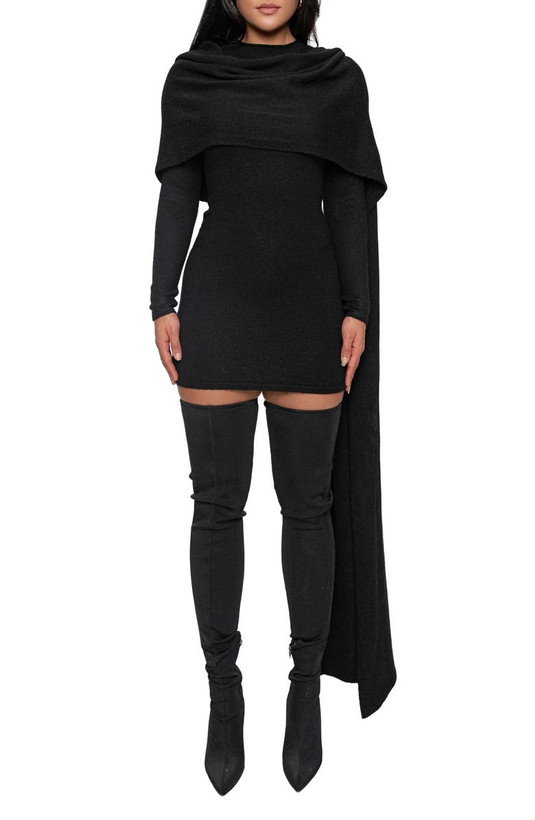 JLUXLABEL Long Sleeve Scarf Body-Con Minidress, Main, color, Black
