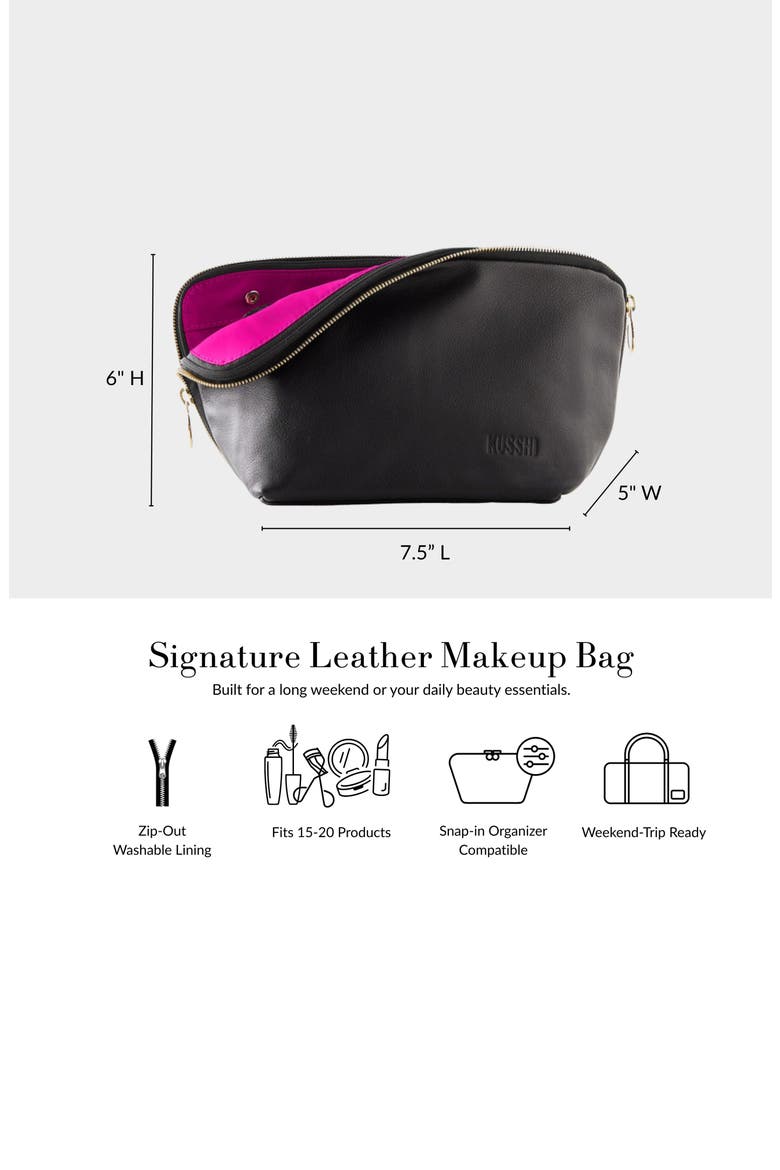 Signature Leather Makeup Bag, Alternate, color, CAMEL LEATHER/ RED