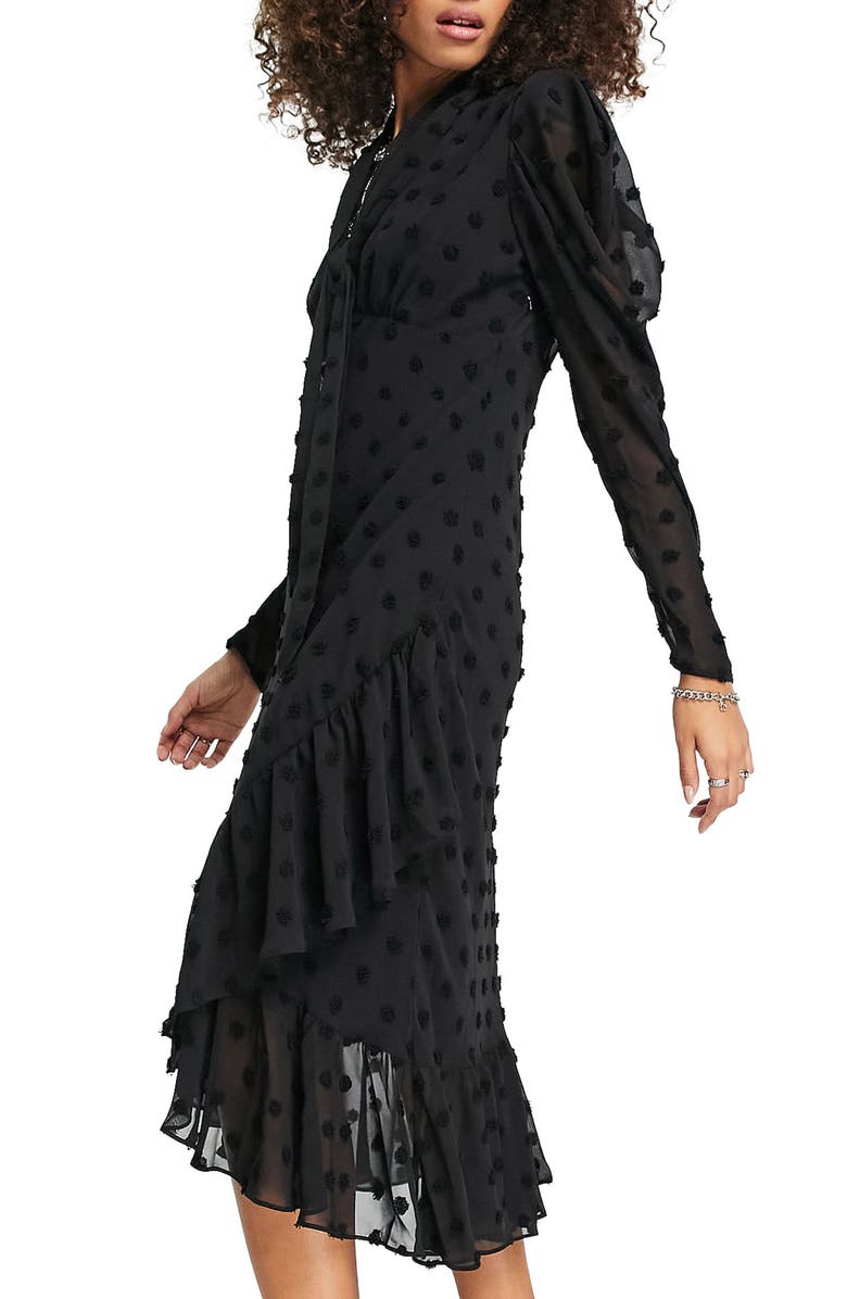 Topshop Premium Dobby Spot Long Sleeve Midi Dress, Alternate, color, 