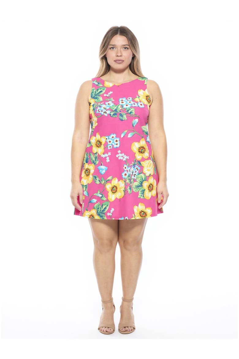 Plus Size Floral Round Neck Sleeveless A-Line Mini Shift Dress, Main, color, Pink Multi