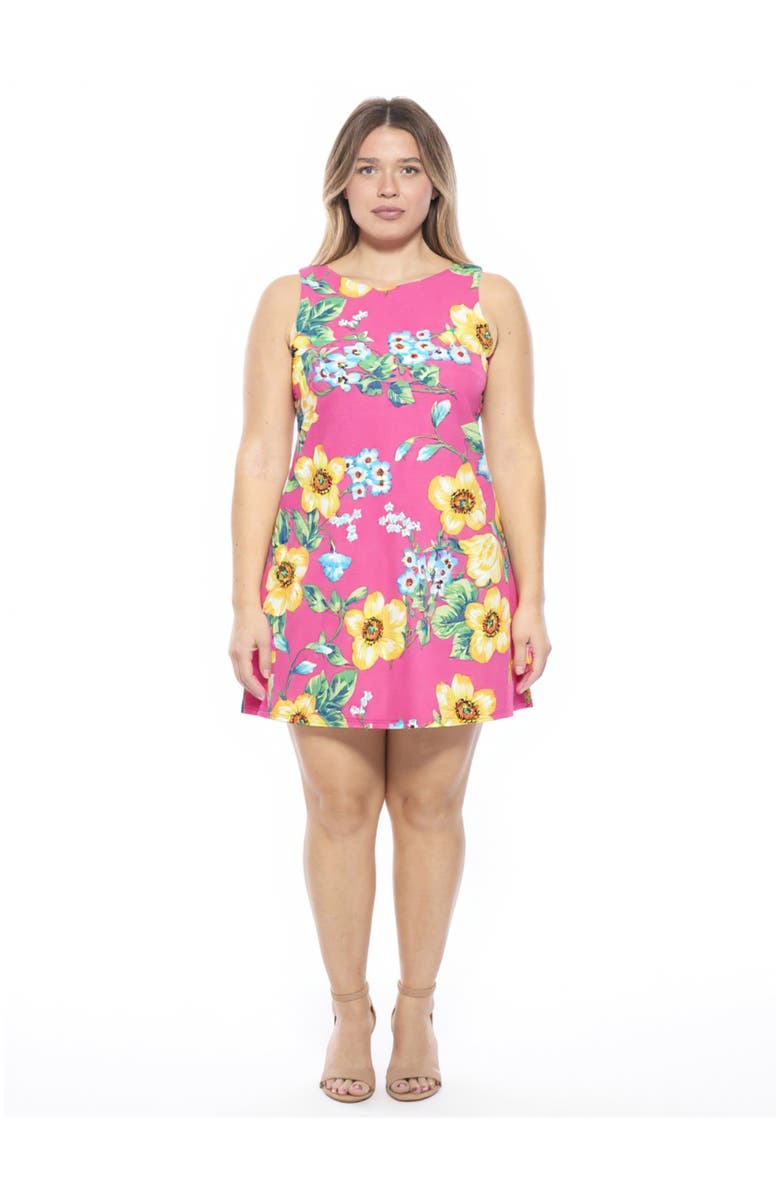 24seven Comfort Apparel Plus Size Floral Round Neck Sleeveless A-Line Mini Shift Dress, Main, color, Pink Multi