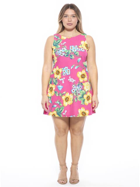 Plus Size Floral Round Neck Sleeveless A-Line Mini Shift Dress