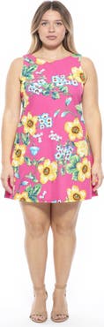 24seven Comfort Apparel Plus Size Floral Round Neck Sleeveless A-Line Mini Shift Dress