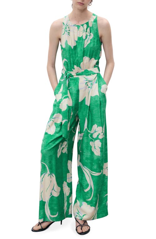 Mango Belted Sleeveless Wide Leg Jumpsuit In Green