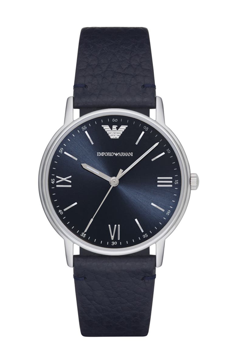 Emporio Armani Men's Kappa 3-Hand Quartz Leather Strap Watch, 41mm, Main, color, Blue/ Blue