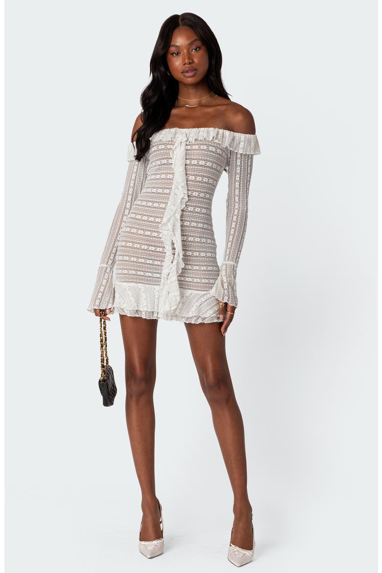 Lace Ruffle Off the Shoulder Long Sleeve Minidress, Alternate, color, CREAM
