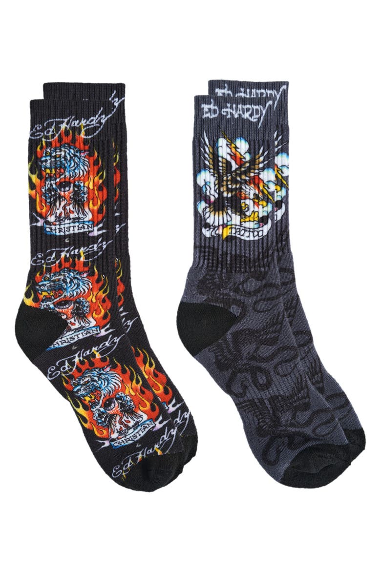 Flaming Eagle 360 Print Full Cushion Crew Sock 2-Pack, Alternate, color, Black