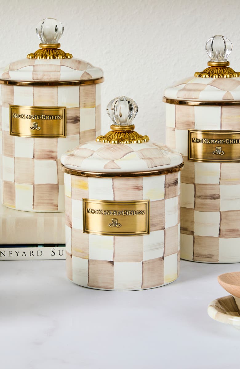 MACKENZIE CHILDS Mocha Check Small Enameled Steel Canister, Alternate, color, Mocha