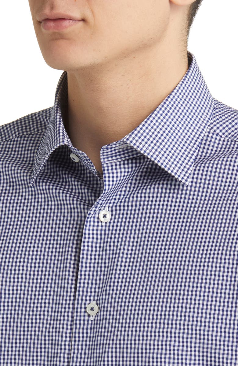 David Donahue Gingham Trim Fit Barrel Cuff Dress Shirt, Alternate, color, Navy