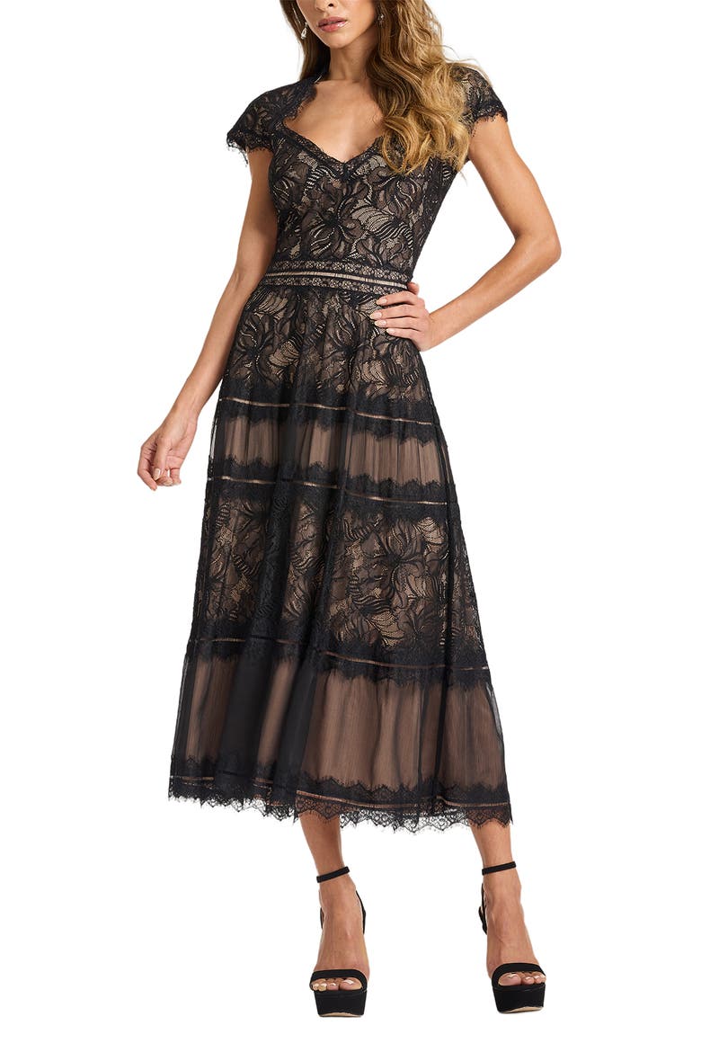 Lace V-Neck Midi Dress, Alternate, color, BLACK/ NUDE