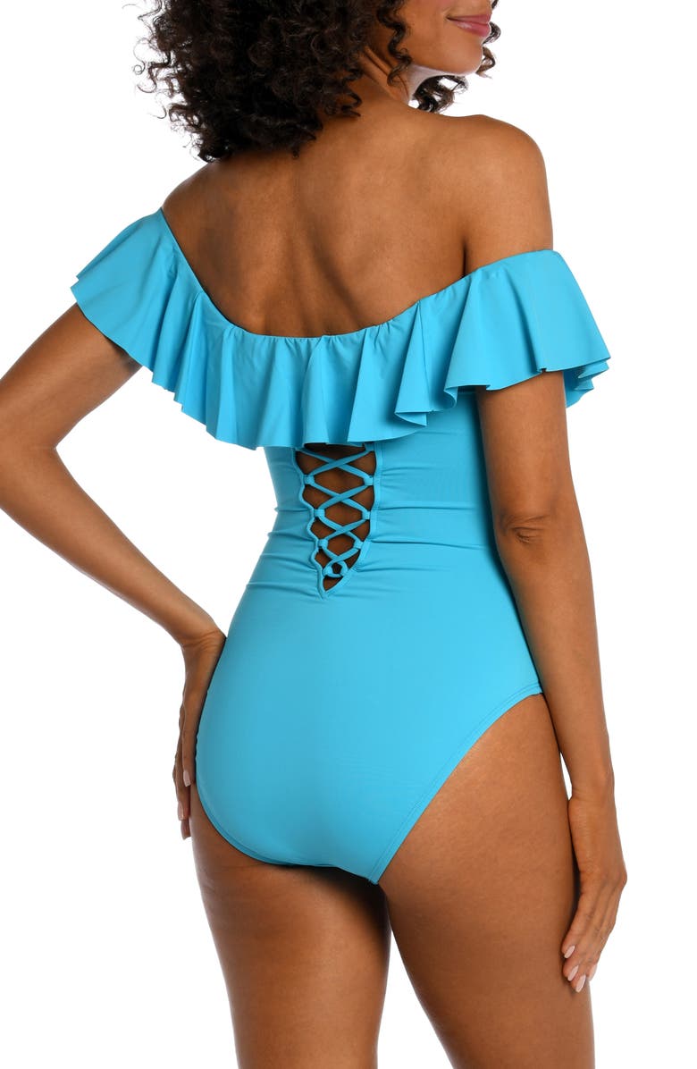 La Blanca Off the Shoulder Ruffle One-Piece Swimsuit, Alternate, color, Azul