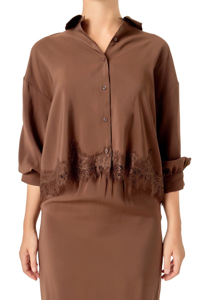 Lace Hem Button-Up Shirt, Main, color, BROWN