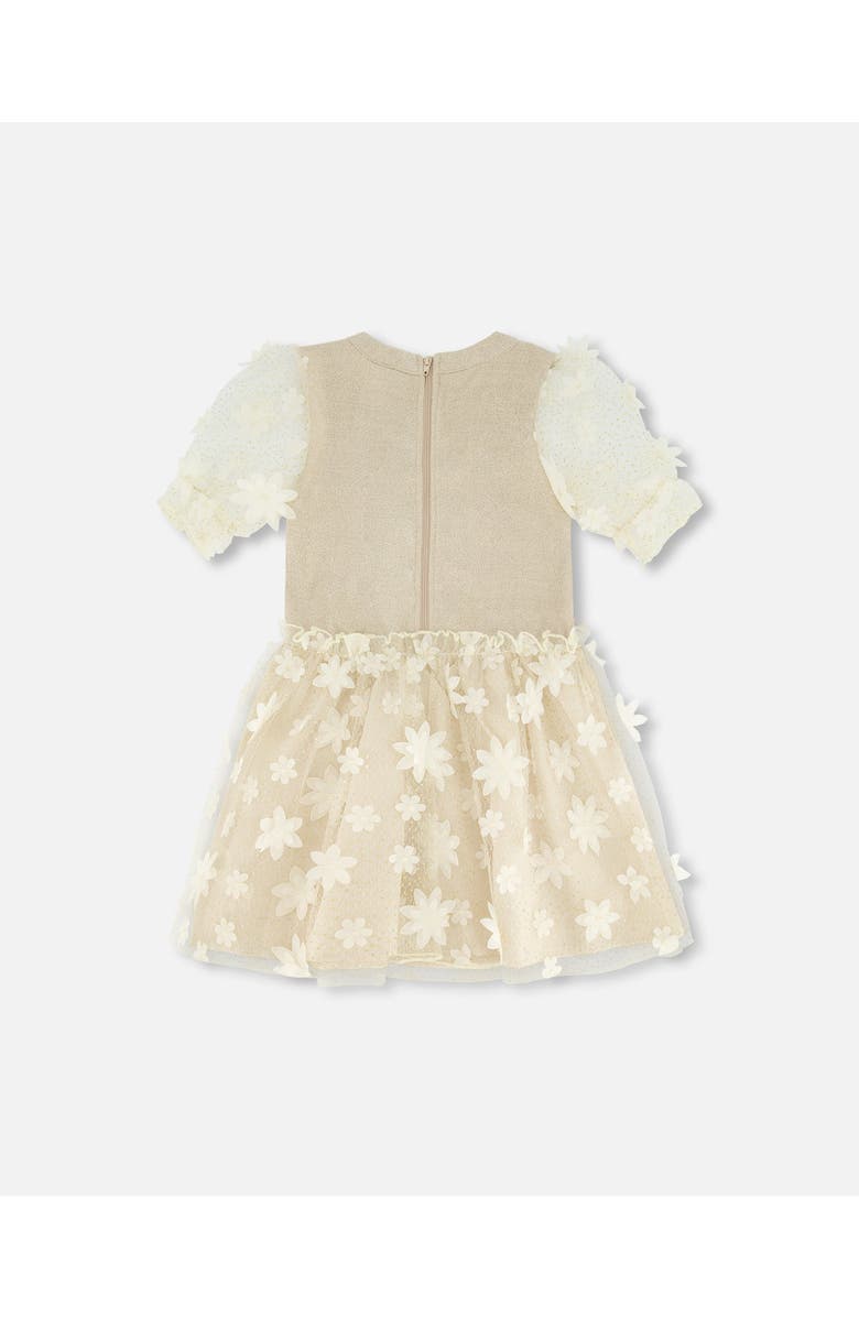Deux par Deux Girl's Elbow Sleeve Dress With Tulle Skirt Glittering Beige, Alternate, color,