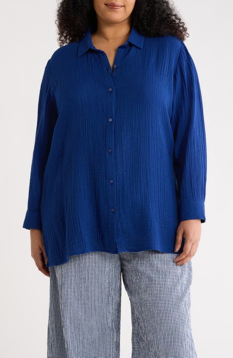 Classic Collar Easy Organic Cotton Button-Up Shirt (Plus)