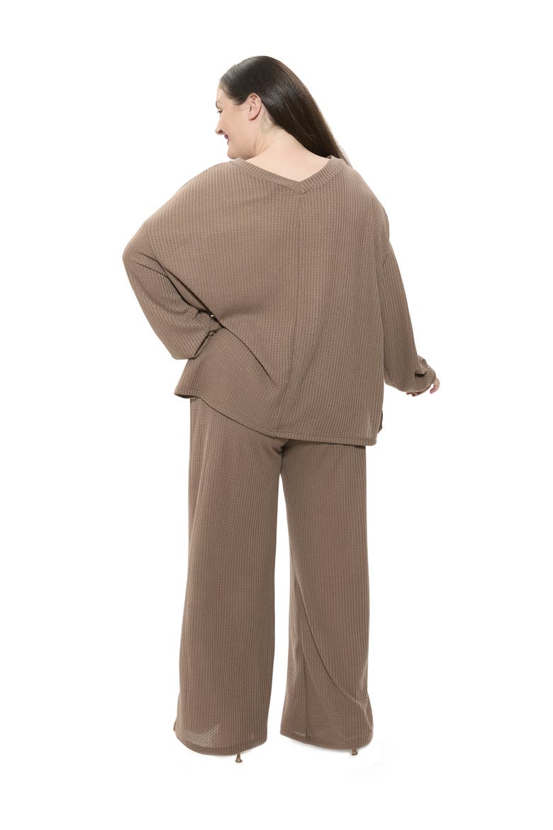 Plus Size V Neck Long Sleeve Soft Waffle Knit Top and Pant Set, Alternate, color, Taupe