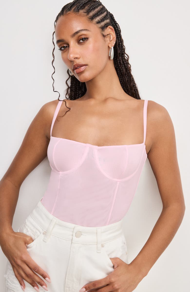 Good American Corset Demi Mesh Bodysuit, Alternate, color, Bubblegum005