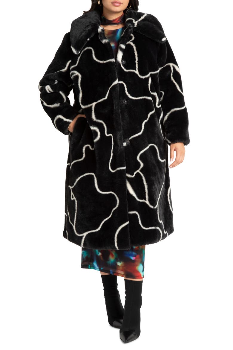 Print Faux Fur Coat, Main, color, DOODLE FUR