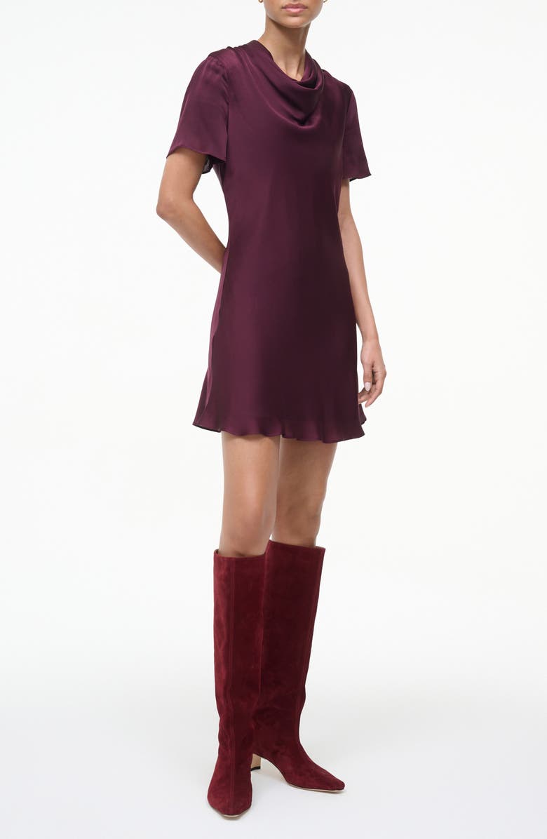 STAUD Iris Cowl Neck Stretch Silk Minidress, Alternate, color, Syrah