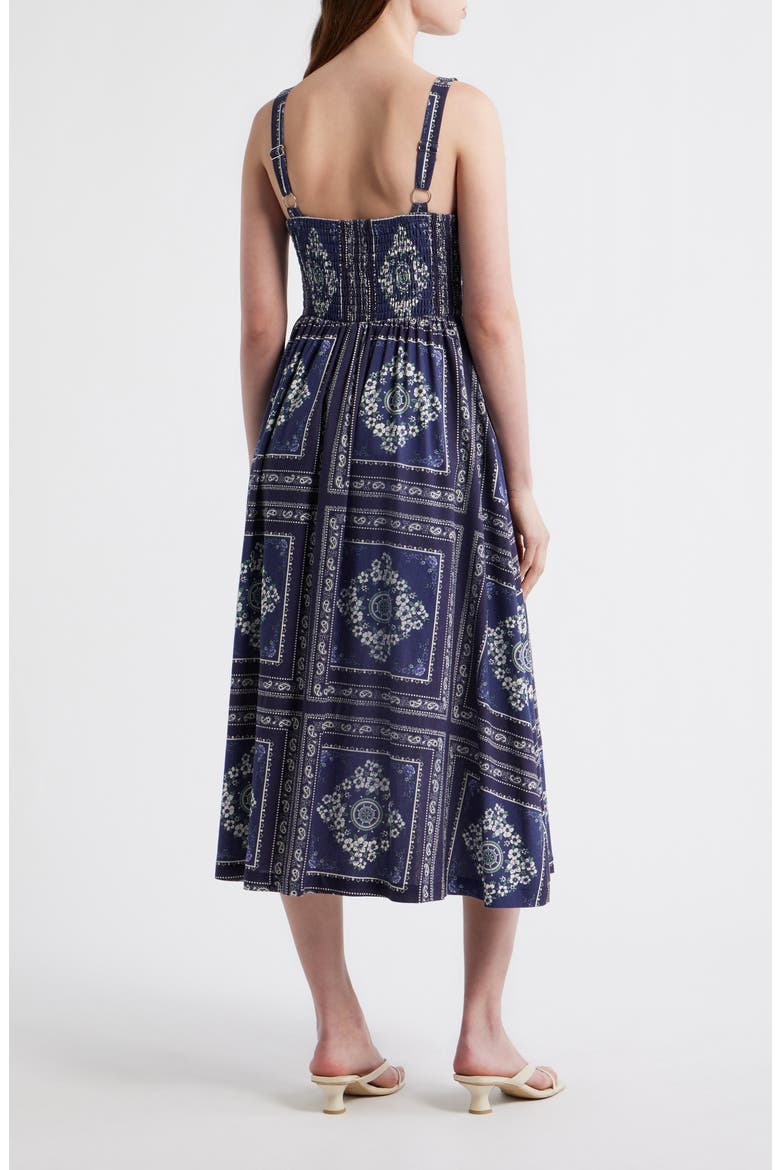 Grid Print Sleeveless Cotton & Linen Midi Dress, Alternate, color, NAVY