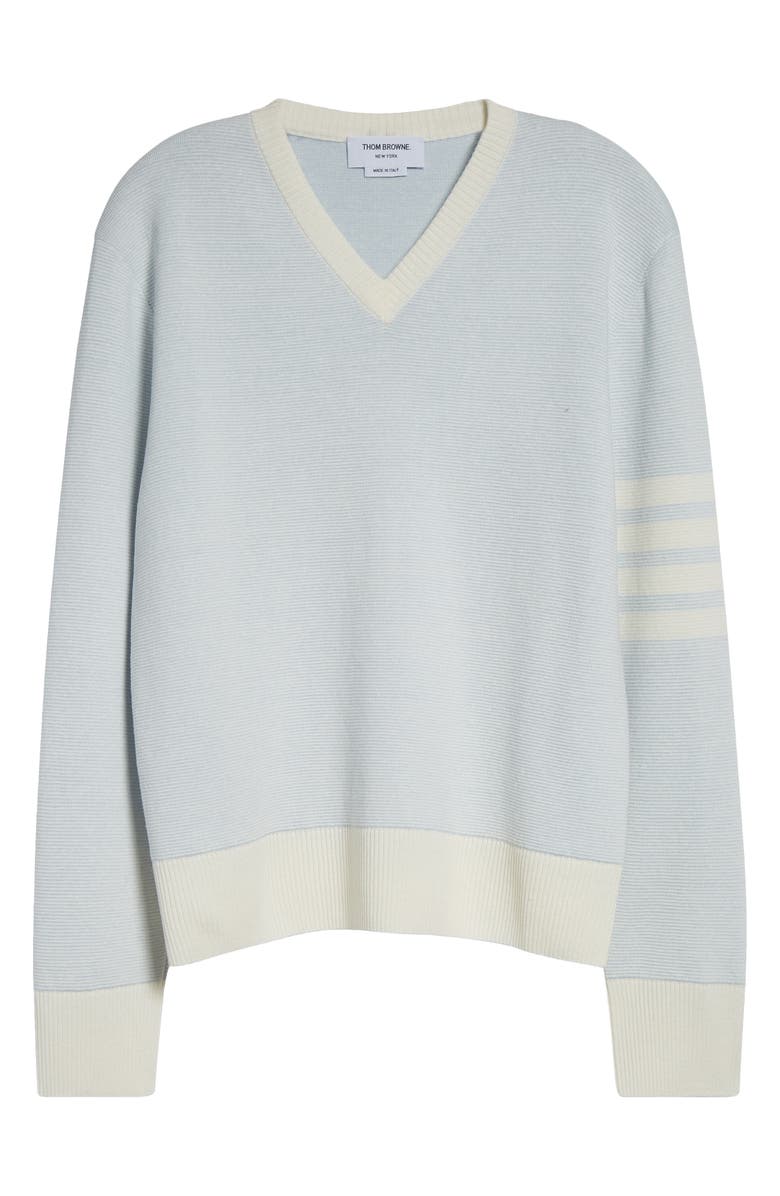 Thom Browne Relaxed Fit 4-Bar Textured Stripe V-Neck Linen & Cotton Sweater, Alternate, color, Light Blue