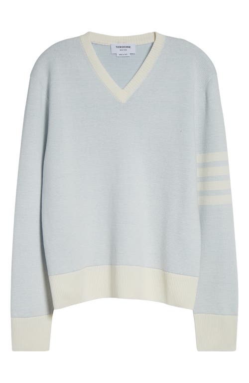 Thom Browne Relaxed Fit 4-bar Textured Stripe V-neck Linen & Cotton Sweater