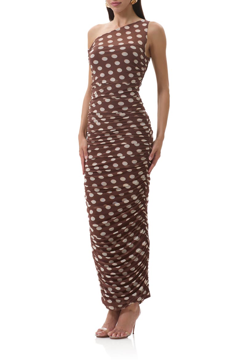 Biona Printed One-Shoulder Ruched Mesh Maxi Dress, Alternate, color, CHOCOLATE HALO DOT