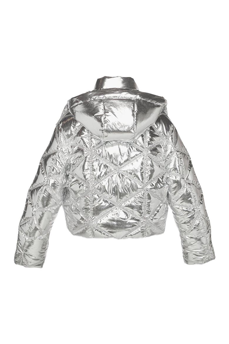 Apres-Ski Quilted Puffer Jacket in Metallic Polyester, Alternate, color, silver
