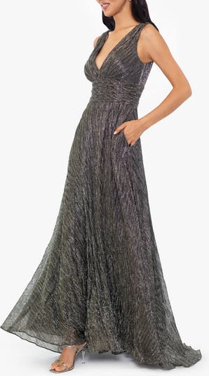 Metallic Plunge Neck Crinkle Gown