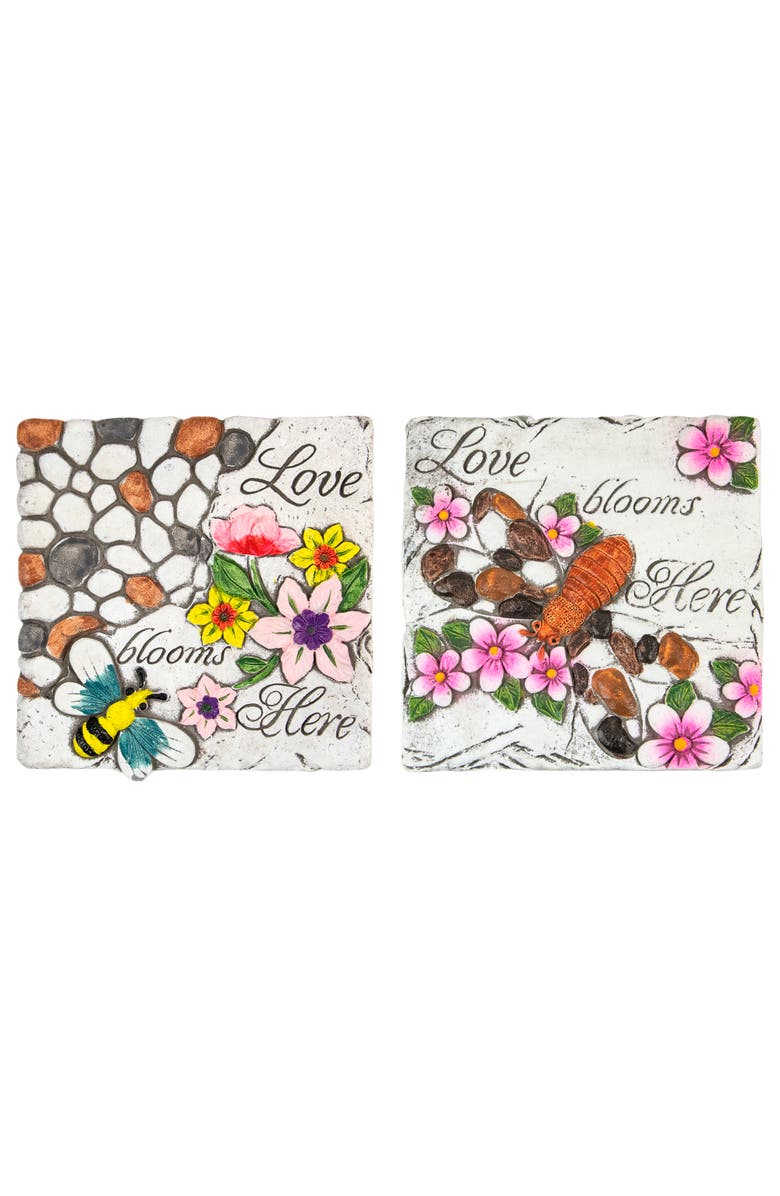 Northlight Set of 2 'Love Blooms Here' Floral Outdoor Garden Stones 7", Main, color, Multi