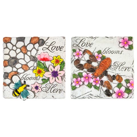 Set of 2 'Love Blooms Here' Floral Outdoor Garden Stones 7"
