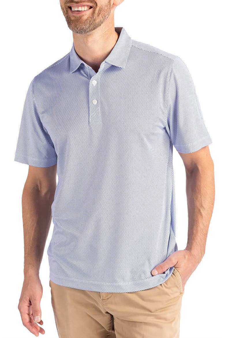 Pike Symmetry Print Recycled Blend Polo, Main, color, WHITE/ TOUR BLUE