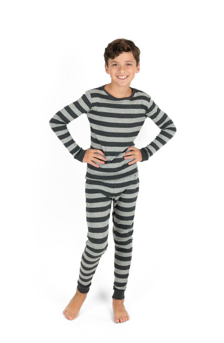 Leveret Two-Piece Printed Cotton Pajamas, Stripes, Animals 
Characters, Main, color, Striped Dark Gray 
Light Gray